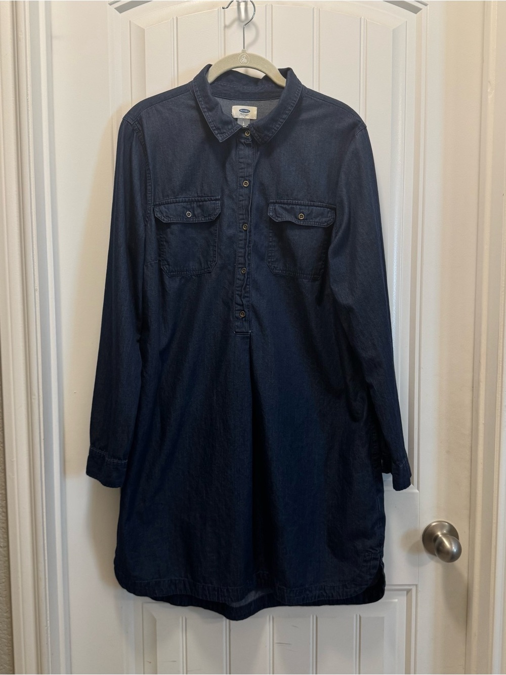 Old Navy Women Long Sleeve Chambray Blue Denim Shirt Dress Roll Tab Sleeve Sz L